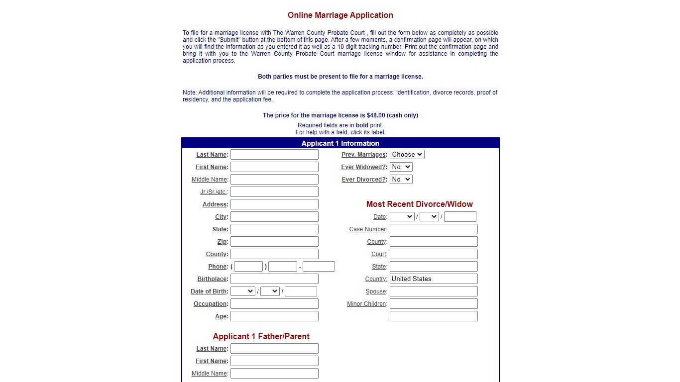 Warren County Probate Court - Marriage Application